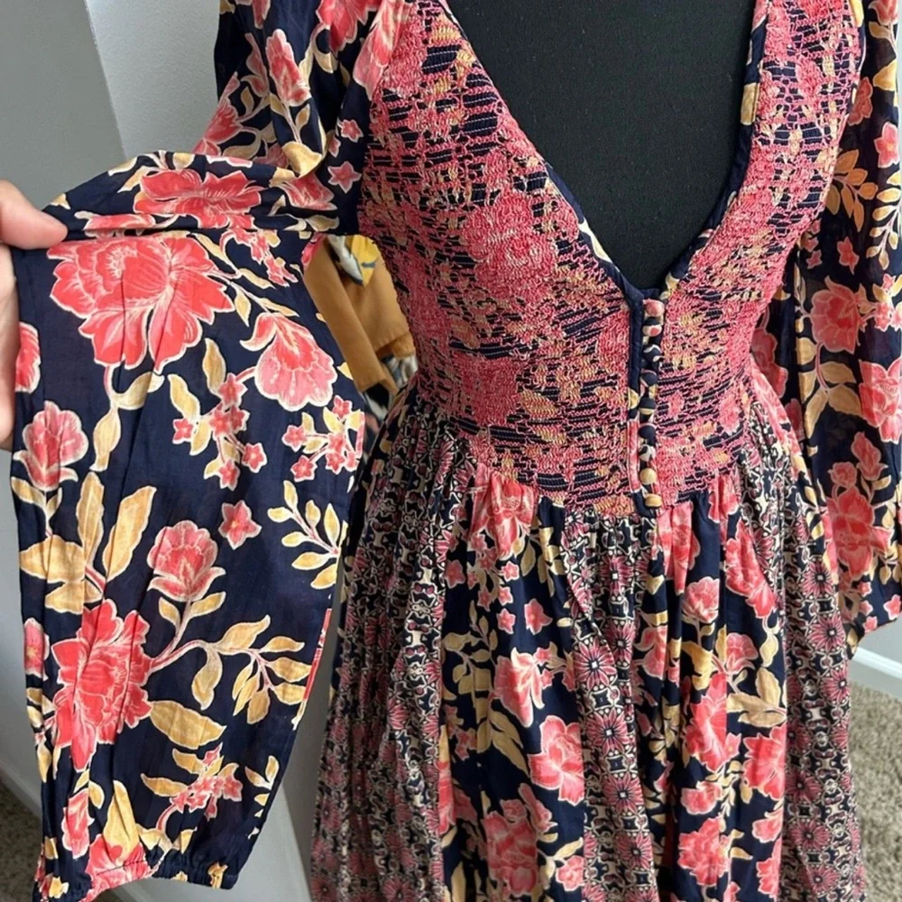 Free People Navy and Pink Floral Long Sleeve Dress - Picture 1 of 11